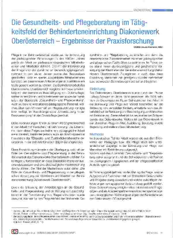 Vorschauseite 1: Die Gesundheitsund Pflegeberatung im Tätig-keitsfeld der Behinderteneinrichtung Diakoniewerk Oberösterreich - Ergebnisse der Praxisforschung