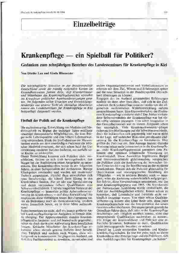 Vorschauseite 1: Krankenpflege — ein Spielball für Politiker?