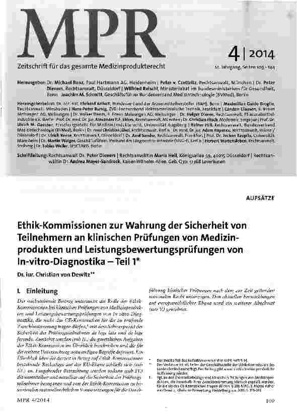 Vorschauseite 1: Ethik-Kommissionen zur Wahrung der Sicherheit von Teilnehmern an klinischen Prüfungen von Medizin-produkten und Leistungsbewertungsprüfungen von In-vitro-Diagnostika -Teil 1