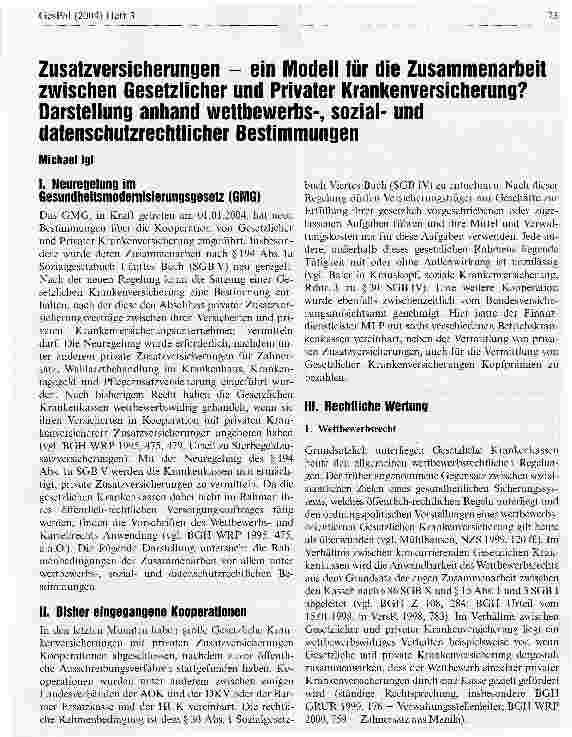 Vorschauseite 1: Zusatzversicherungen - ein Modell für die Zusammenarbeit zwischen Gesetzlicher und Privater Krankenversicherung? Darstellung anhand Wettbewerbs-, sozialund datenschutzrechtlicher…