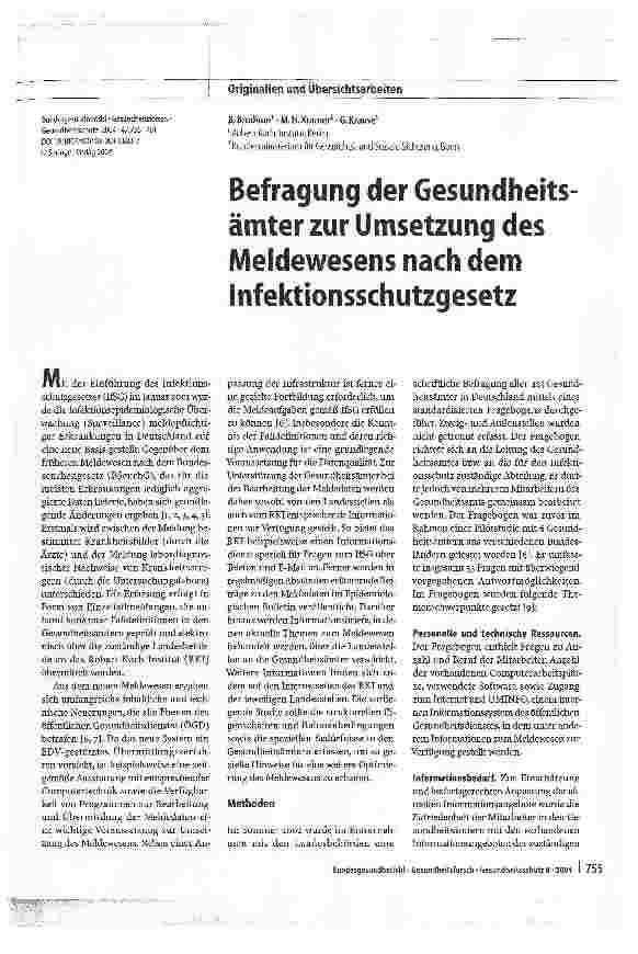 Vorschauseite 1: Befragung der Gesundheits ämter zur Umsetzung des Meldewesens nach dem Infektionsschutzgesetz