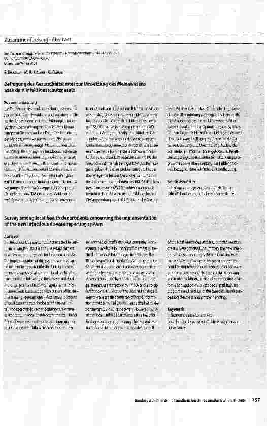 Vorschauseite 3: Befragung der Gesundheits ämter zur Umsetzung des Meldewesens nach dem Infektionsschutzgesetz
