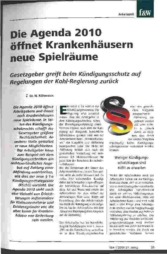 Vorschauseite 1: Die Agenda 2010 öffnet Krankenhäusern neue Spielräume Gesetzgeber greift beim Kündigungsschutz auf Regelungen der Kohl-Regierung zurück