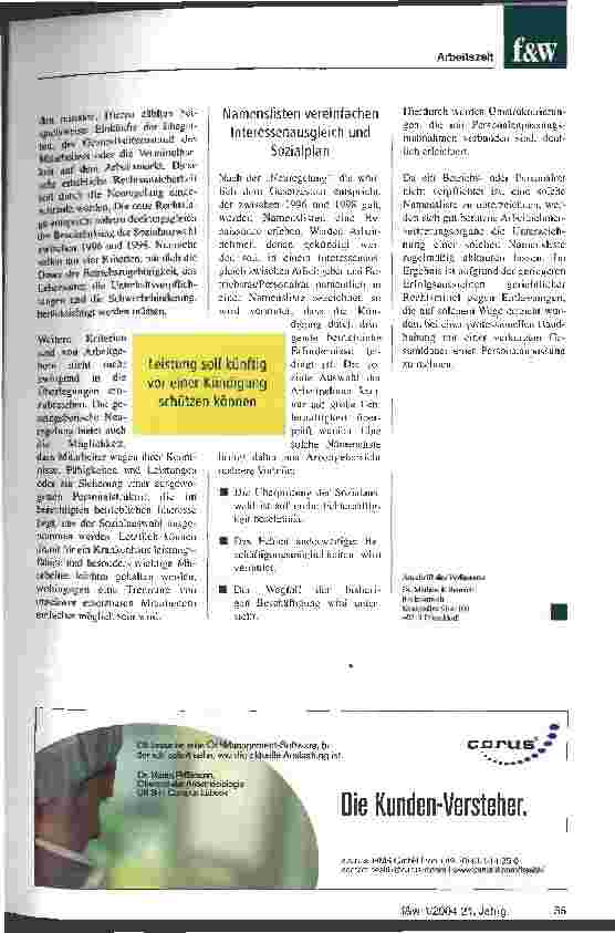 Vorschauseite 3: Die Agenda 2010 öffnet Krankenhäusern neue Spielräume Gesetzgeber greift beim Kündigungsschutz auf Regelungen der Kohl-Regierung zurück