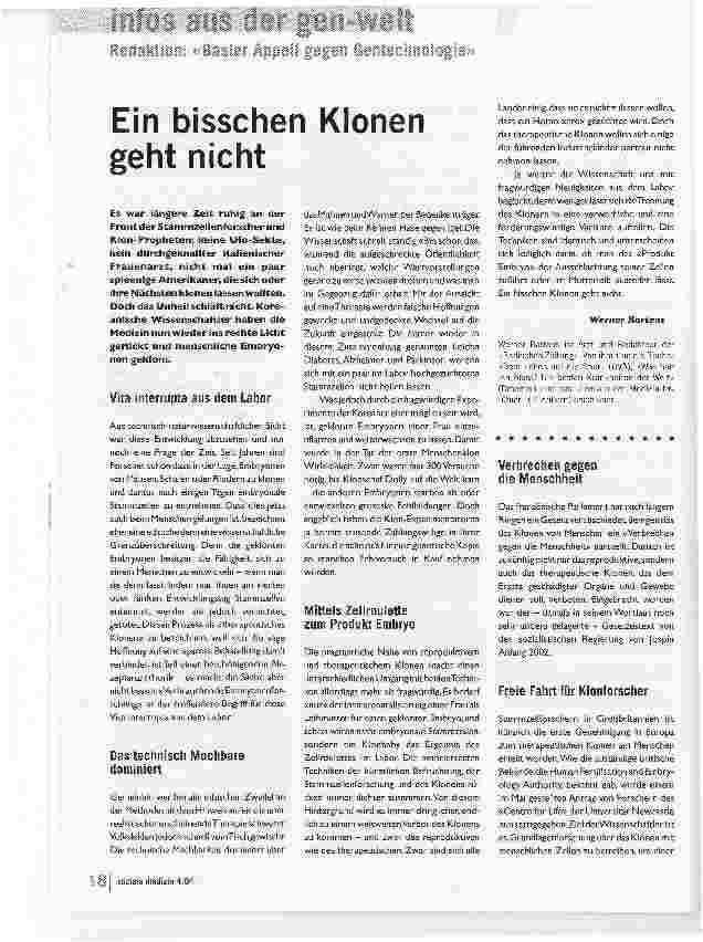 Vorschauseite 1: Redaktion: Basler Appell gegen Gentechnologie Ein bisschen Klonen geht nicht