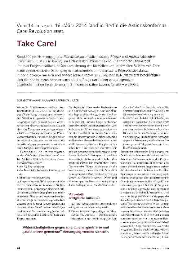 Vorschauseite 1: Vom 14. bis zum 16. März 2014 fand in Berlin die Aktionskonferenz Care-Revolution statt. Take Care!