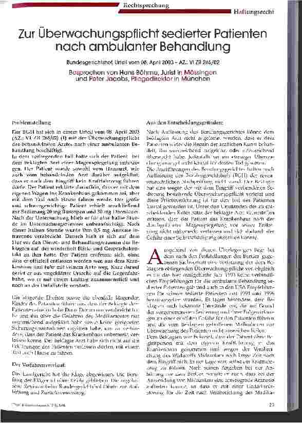 Vorschauseite 1: Zur Überwachungspflicht sedierter Patienten nach ambulanter Behandlung Bundesgerichtshof, Urteil vom 08. April 2003