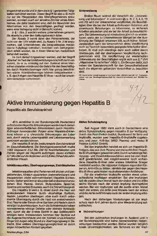 Vorschauseite 1: Aktive Immunisierung gegen Hepatitis B Hepatitis als Berufskrankheit