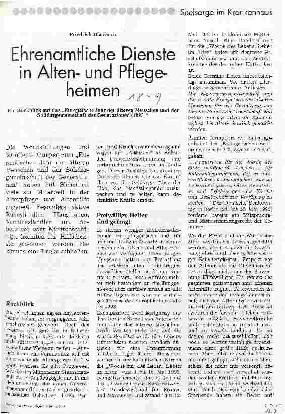 Vorschauseite 1: Ehrenamtliche Dienste in Altenund Pflegeheimen Ein Rückblick auf dasEurop. Jahr der älteren Menschen und der Solidargeimeinschaft der Generationen (1993)
