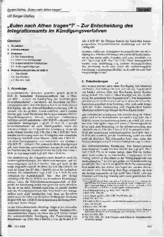Vorschauseite 1: Eulen nach Athen tragen?1 - Zur Entscheidung des Integrationsamts im Kündigungsverfahren