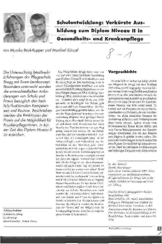 Vorschauseite 1: Schulentwicklung: Verkürzte Ausbildung zum Diplom Niveau II in Gesundheitsund Krankenpflege