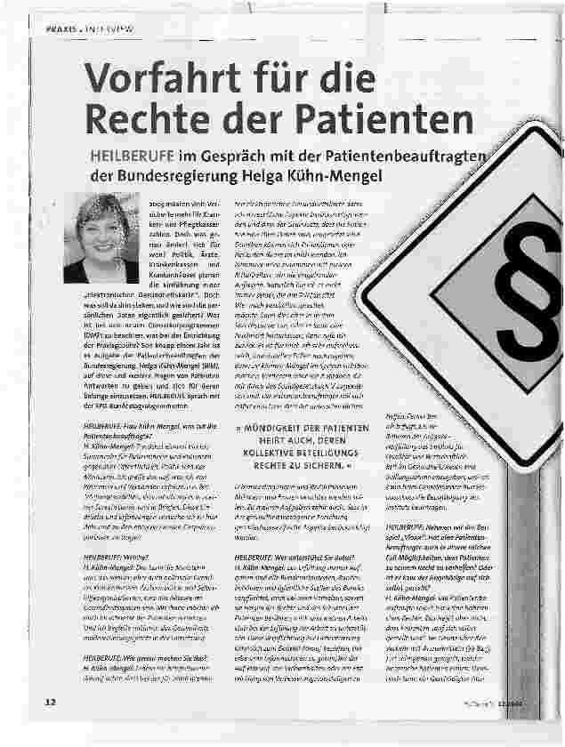 Vorschauseite 1: Vorfahrt für die Rechte der PatientenHEILBERUFE im Gespräch mit der Patientenbeauftragte der Bundesregierung Helga Kühn-Mengel
