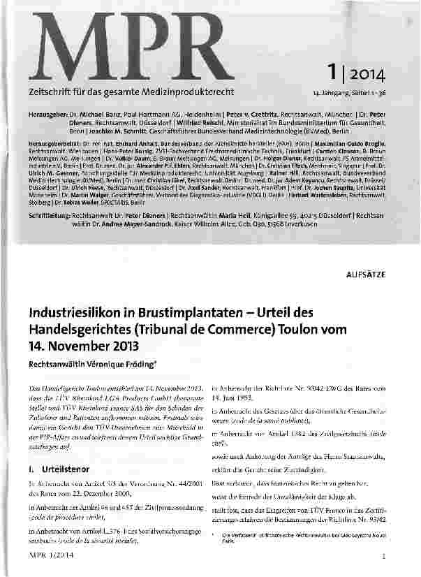 Vorschauseite 1: Industriesilikon in Brustimplantaten - Urteil des Handelsgerichtes (Tribunal de Commerce) Toulon vom 14. November 2013