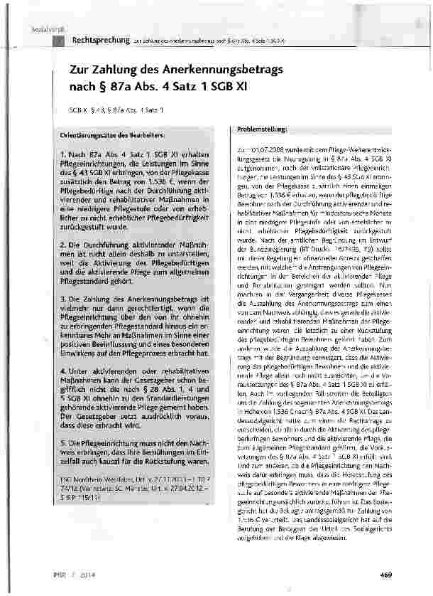 Vorschauseite 1: Zur Zahlung des Anerkennungsbetrags nach § 87a Abs. 4 Satz 1 SGB XISGB XI § 43, § 87a Abs. 4 Satz 1