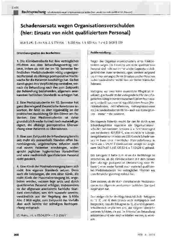 Vorschauseite 1: Schadensersatz wegen OrganisationsverschuLden (hier: Einsatz von nicht qualifiziertem Personal) BGB § 249, § 253 Abs. 2, § 278 Abs. 1, § 280 Abs. 1, § 823 Abs. 1 und 2; StGB § 229
