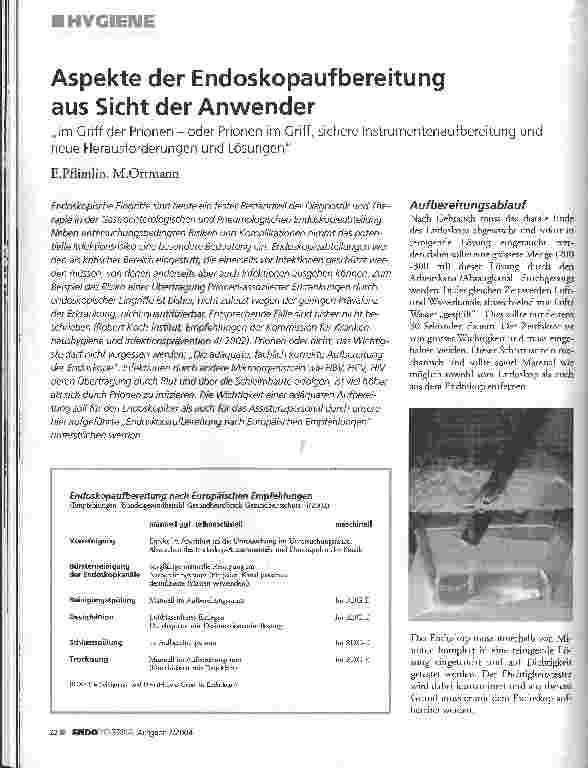 Vorschauseite 1: Aspekte der Endoskopaufbereitung aus Sicht der Anwender Im Griff der Prionen - oder Prionen im Griff, sichere Instrumentenaufbereitung und neue Herausforderungen und Lösungen