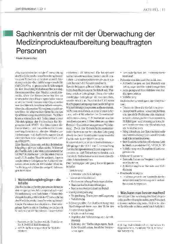 Vorschauseite 1: Sachkenntnis der mit der Überwachung der Medizinprodukteaufbereitung beauftragten Personen