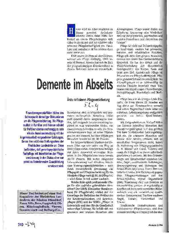 Vorschauseite 1: Demente im Abseits Ärzte kritisieren Pflegeversicherung Eine Stellungnahme