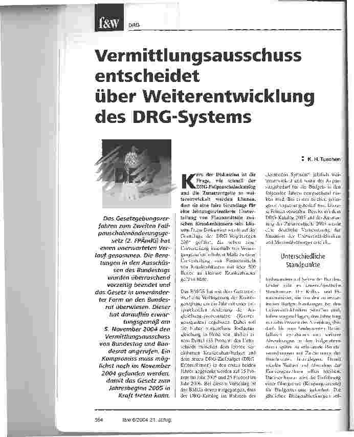Vorschauseite 1: Vermittlungsausschuss entscheidet über Weiterentwicklungdes DRG-Systems