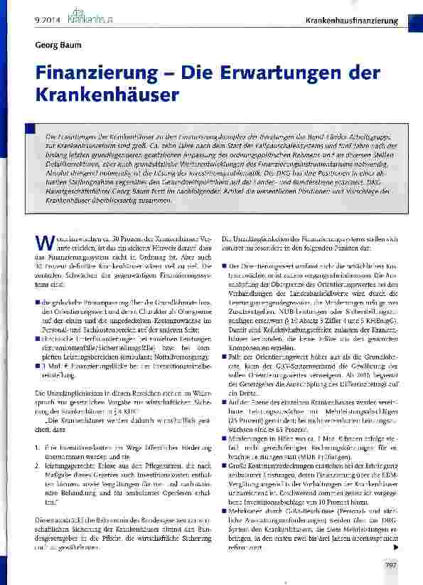 Vorschauseite 1: Finanzierung - Die Erwartungen der Krankenhäuser