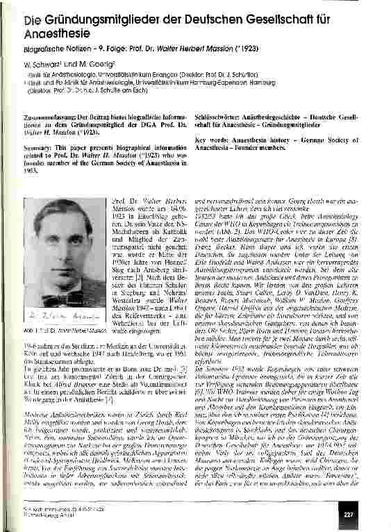 Vorschauseite 1: Die Gründungsmitglieder der Deutschen Gesellschaft für Anaesthesie Biografische Notizen - 9. Folge: Prof. Dr. Walter Herbert Massion (*1923)