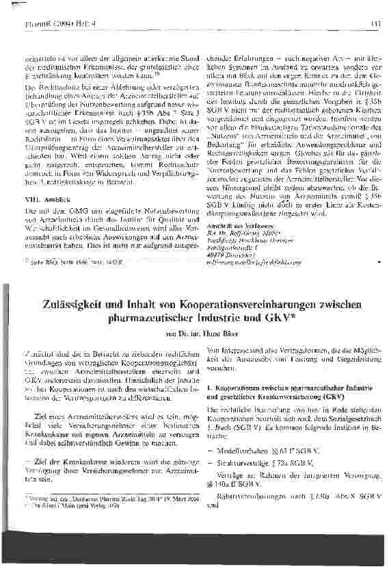 Vorschauseite 1: Zulässigkeit und Inhalt von Kooperationsvereinbarungen zwischen pharmazeutischer Industrie und GKV