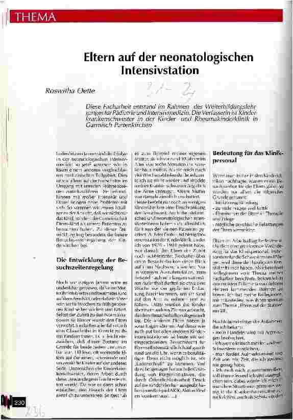 Vorschauseite 1: Eltern auf der neonatologischen Intensivstation Facharbeit