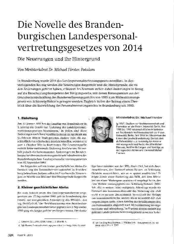 Vorschauseite 1: Die Novelle des Branden-burgischen Landespersonal-vertretungsgesetzes von 2014