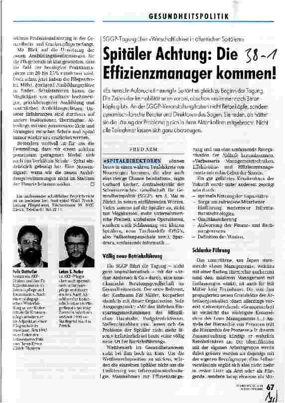 Vorschauseite 1: Spitäler Achtung: Die Effizienzmanager kommen! SGGP-Tagung über Wirtschaftlichkeit in öffentlichen Spitälern