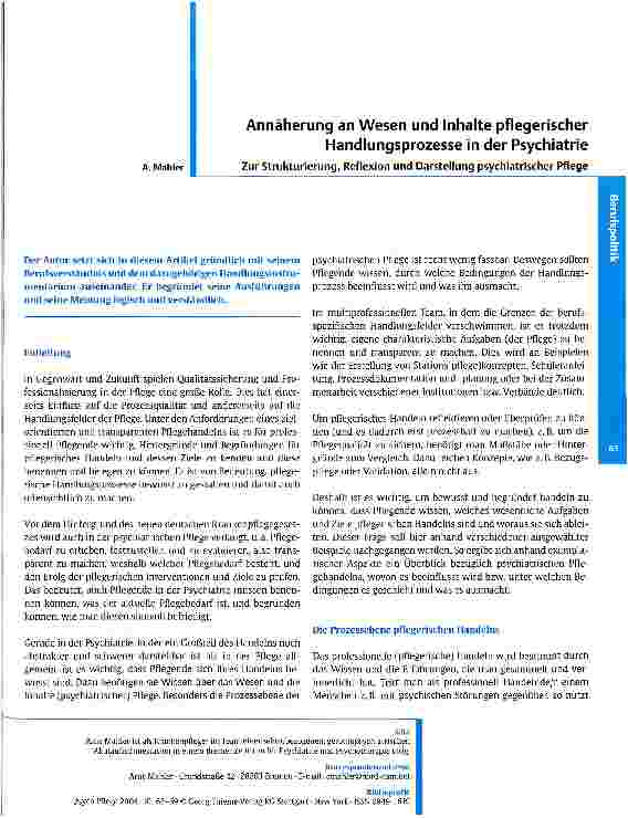 Vorschauseite 1: Annäherung an Wesen und Inhalte pflegerischer Handlungsprozesse in der Psychiatrie Zur Strukturierung, Reflexion und Darstellung psychiatrischer Pflege