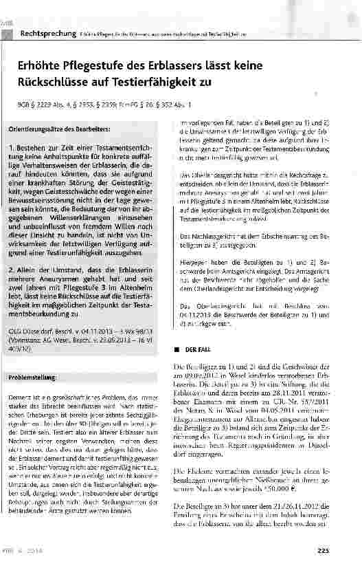 Vorschauseite 1: Erhöhte Pflegestufe des Erblassers lässt keine Rückschlüsse auf Testierfähigkeit zu