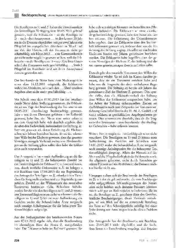 Vorschauseite 2: Erhöhte Pflegestufe des Erblassers lässt keine Rückschlüsse auf Testierfähigkeit zu