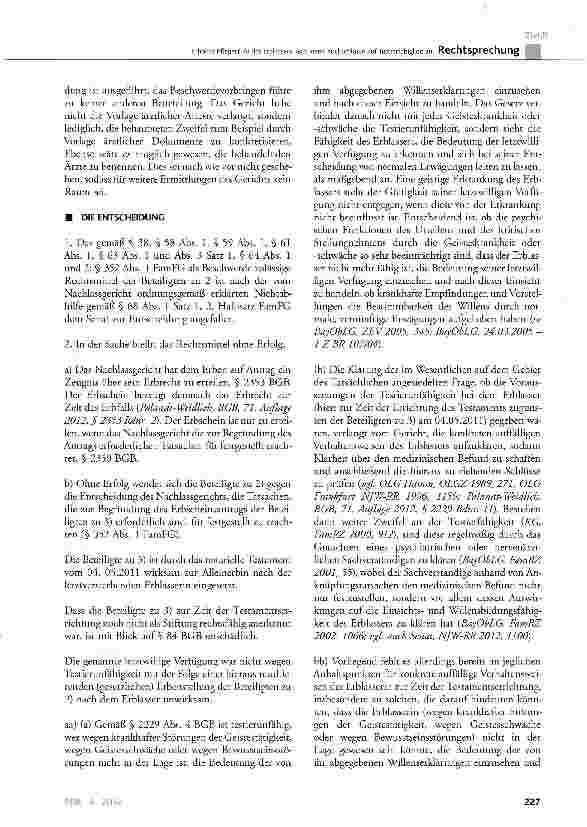 Vorschauseite 3: Erhöhte Pflegestufe des Erblassers lässt keine Rückschlüsse auf Testierfähigkeit zu