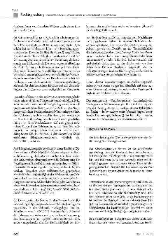 Vorschauseite 4: Erhöhte Pflegestufe des Erblassers lässt keine Rückschlüsse auf Testierfähigkeit zu