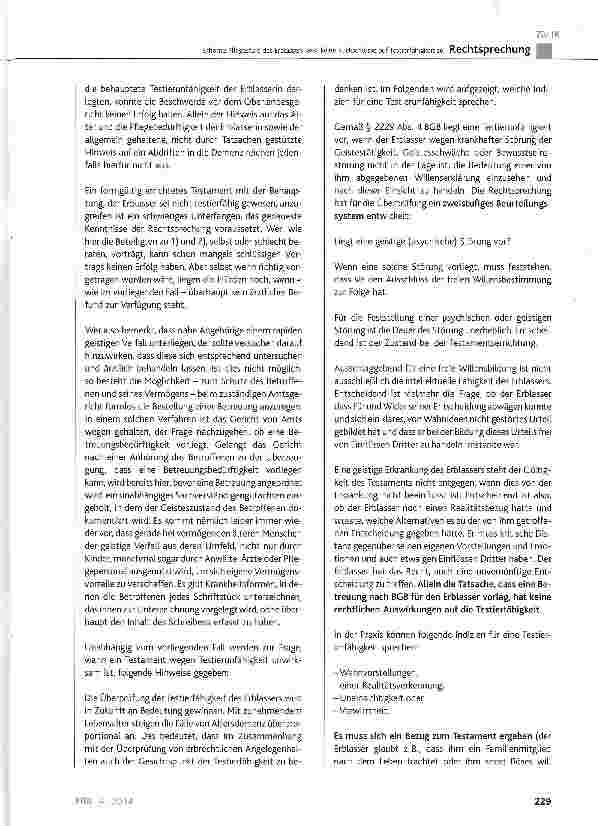 Vorschauseite 5: Erhöhte Pflegestufe des Erblassers lässt keine Rückschlüsse auf Testierfähigkeit zu