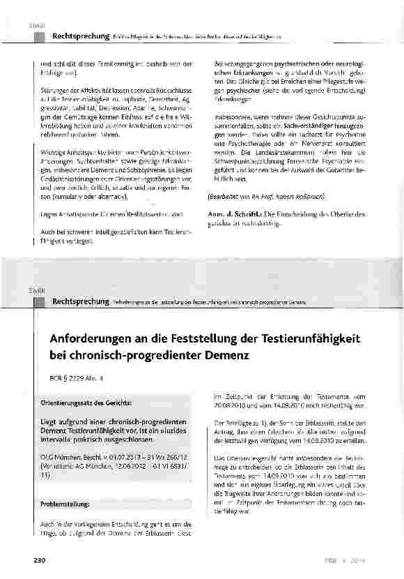 Vorschauseite 6: Erhöhte Pflegestufe des Erblassers lässt keine Rückschlüsse auf Testierfähigkeit zu