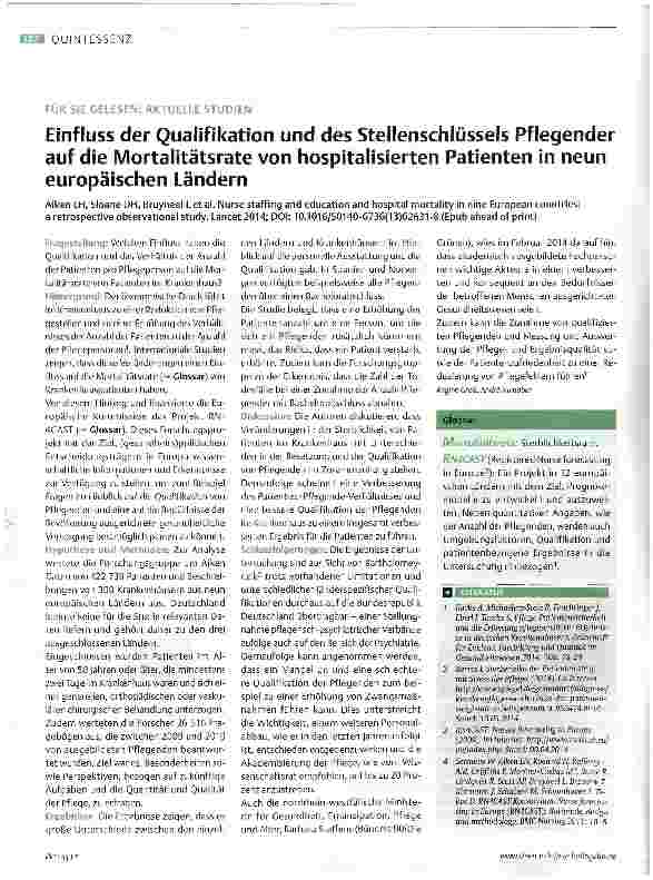 Vorschauseite 1: Einfluss der Qualifikation und des Stellenschlüssels Pflegender auf die Mortalitätsrate von hospitalisierten Patienten in neun europäischen Ländern