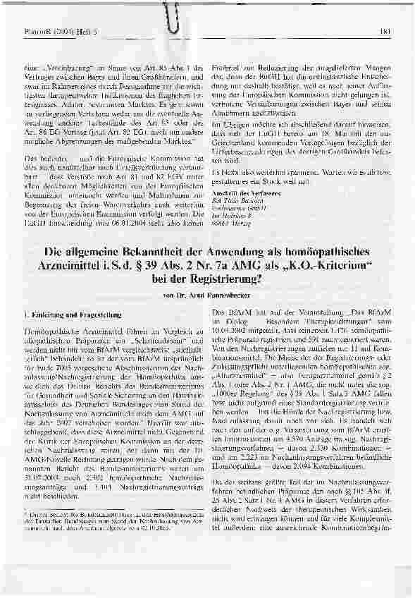 Vorschauseite 1: Die allgemeine Bekanntheit der Anwendung als homöopathisches Arzneimittel i. S. d. § 39 Abs. 2 Nr. 7a AMG als K.O.-Kriteriumbei der Registrierung?