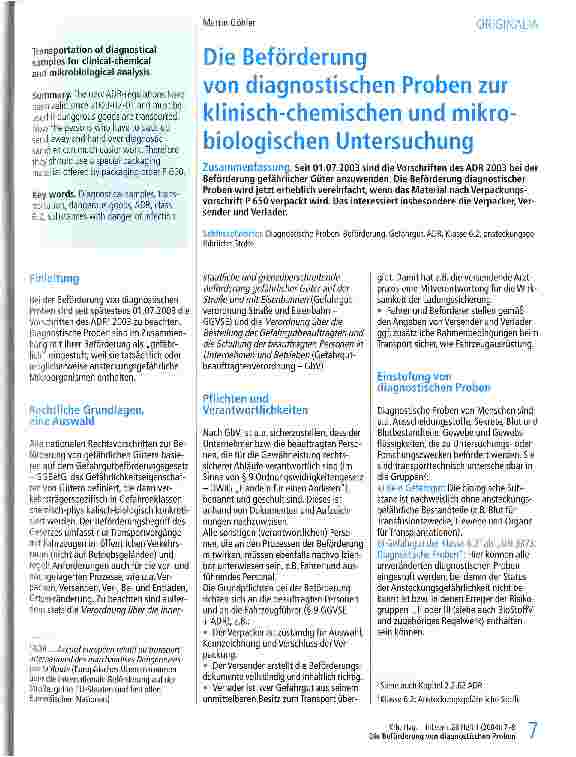 Vorschauseite 1: Die Beförderung von diagnostischen Proben zur klinisch-chemischen und mikrobiologischen Untersuchung