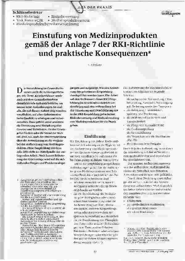 Vorschauseite 1: Einstufung von Medizinprodukten gemäß der Anlage 7 der RKI-Richtlinie und praktische Konsequenzen
