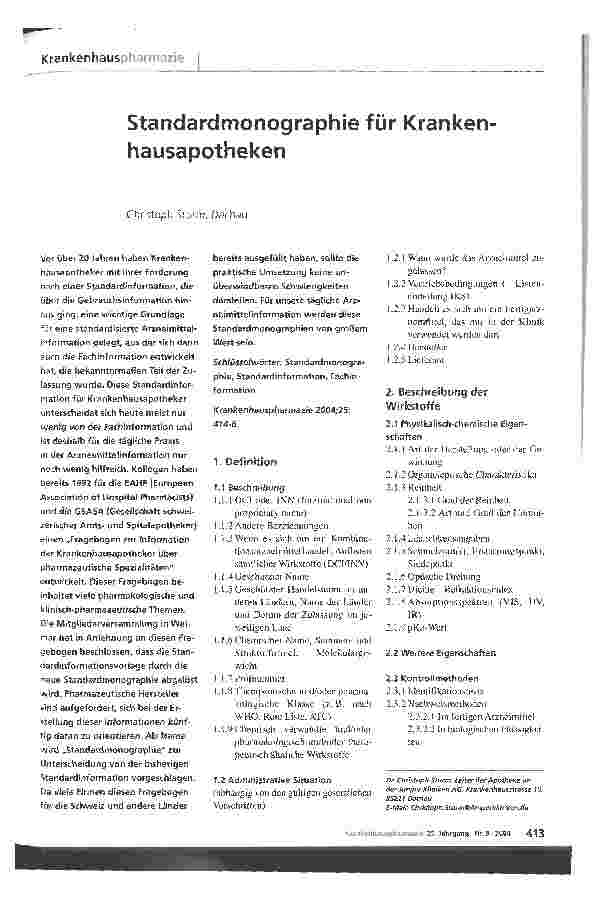 Vorschauseite 1: Standardmonographie für Krankenhausapotheken