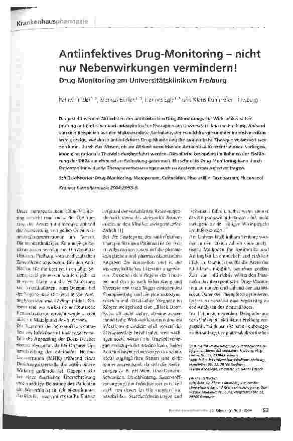 Vorschauseite 1: Antiinfektives Drug-Monitoring - nicht nur Nebenwirkungen vermindern! Drug-Monitoring am Universitätsklinikum Freiburg