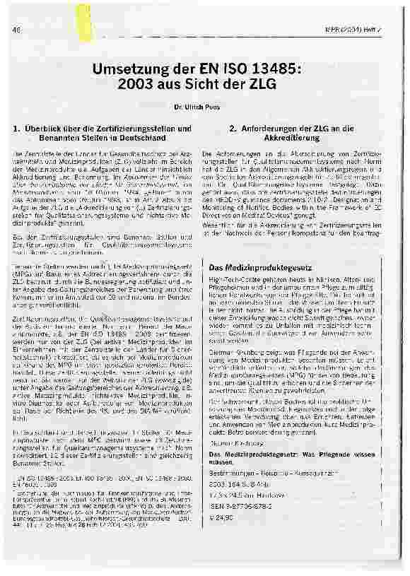 Vorschauseite 1: Umsetzung der EN ISO 13485 2003 aus Sicht der ZLG