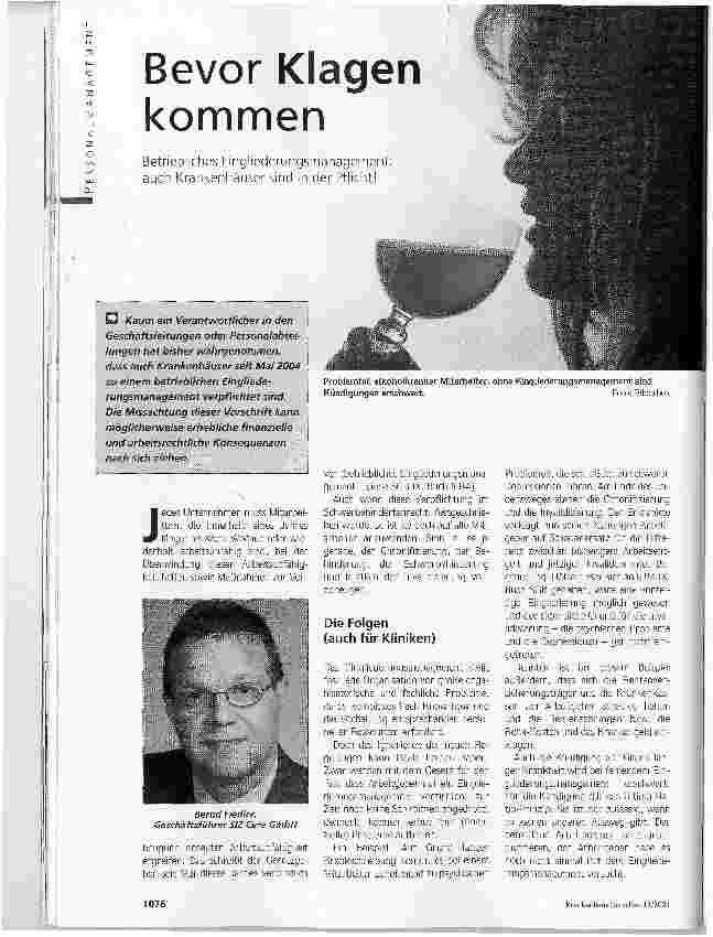 Vorschauseite 1: Bevor Klagen kommen. Betriebliches Eingliederungsmanagement: auch Krankenhäuser sind in der Pflicht!