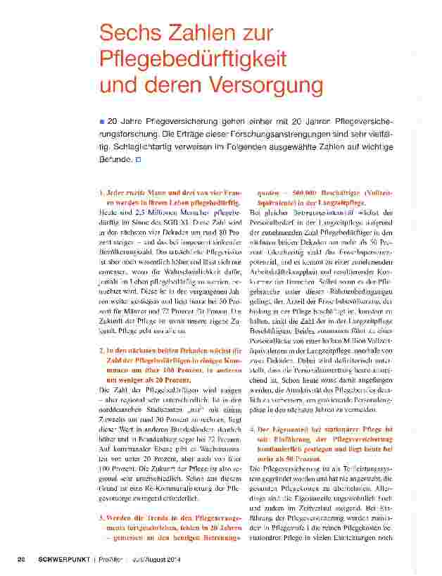Vorschauseite 1: Sechs Zahlen zur Pflegebedürftigkeit und deren Versorgung