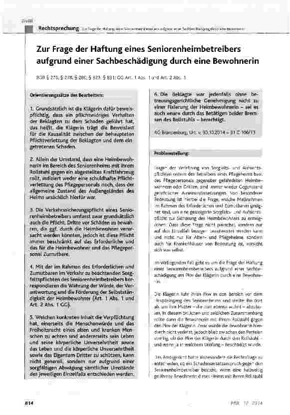 Vorschauseite 1: Zur Frage der Haftung eines Seniorenheimbetreibers aufgrund einer Sachbeschädigung durch eine Bewohnerin BGB § 276, § 278, § 280, § 823, § 831; GG Art. 1 Abs. 1 und Art. 2 Abs. 1