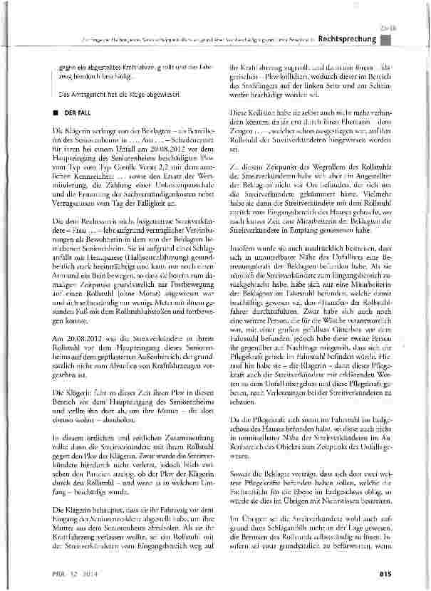 Vorschauseite 2: Zur Frage der Haftung eines Seniorenheimbetreibers aufgrund einer Sachbeschädigung durch eine Bewohnerin BGB § 276, § 278, § 280, § 823, § 831; GG Art. 1 Abs. 1 und Art. 2 Abs. 1