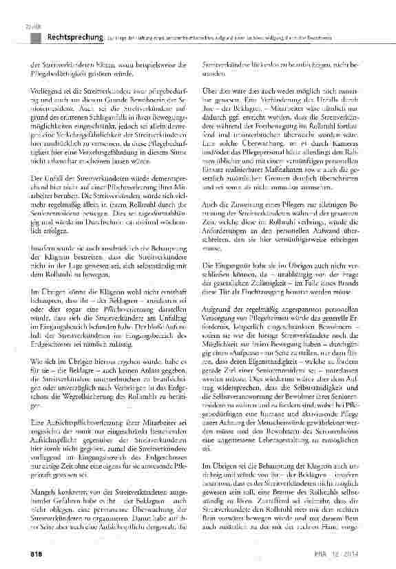 Vorschauseite 5: Zur Frage der Haftung eines Seniorenheimbetreibers aufgrund einer Sachbeschädigung durch eine Bewohnerin BGB § 276, § 278, § 280, § 823, § 831; GG Art. 1 Abs. 1 und Art. 2 Abs. 1