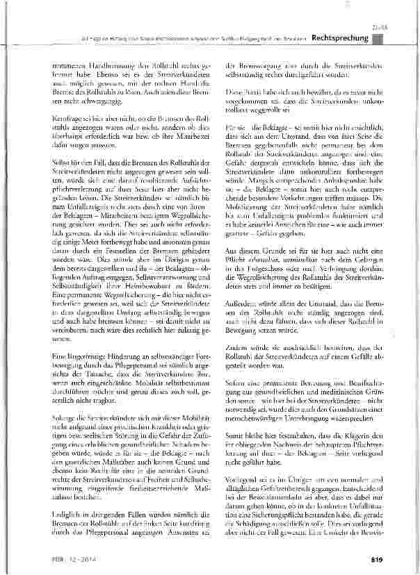 Vorschauseite 6: Zur Frage der Haftung eines Seniorenheimbetreibers aufgrund einer Sachbeschädigung durch eine Bewohnerin BGB § 276, § 278, § 280, § 823, § 831; GG Art. 1 Abs. 1 und Art. 2 Abs. 1