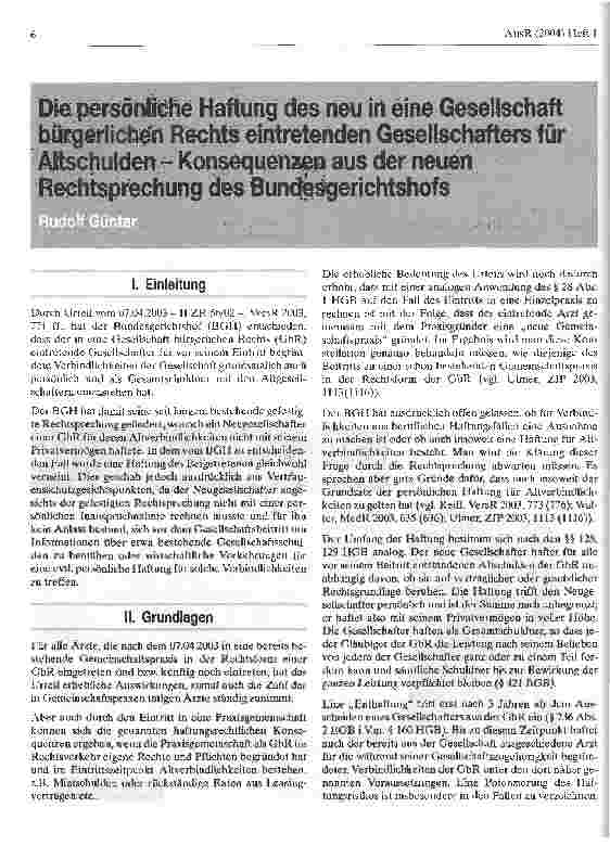 Vorschauseite 1: Die persönliche Haftung des neu in eine Gesellschaft bürgerlichen Rechts eintretenden Gesellschafters für Altschulden - Konsequenzen aus der neuen Rechtsprechung des Bundesgericht…